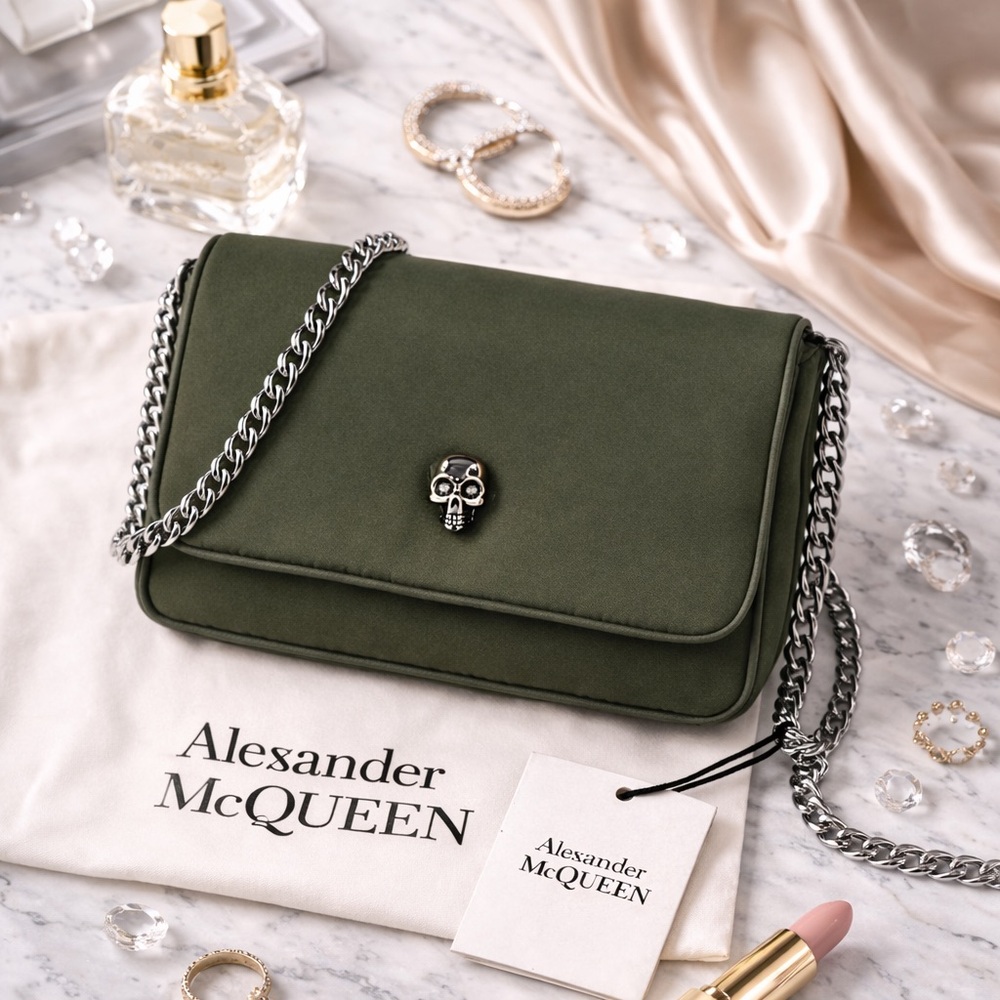 Alexander McQueen Olive‎ Green Skull-Motif Shoulder Chain  Bag – New W/ Dust Bag